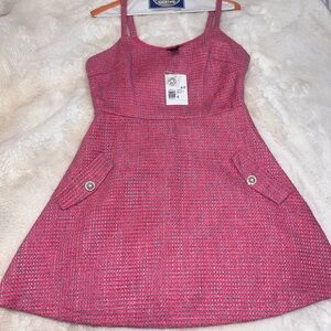 NWT Pink Tweed Sleeveless Mini Dress - Pearl Rhinestone Buttons & Blue Accents